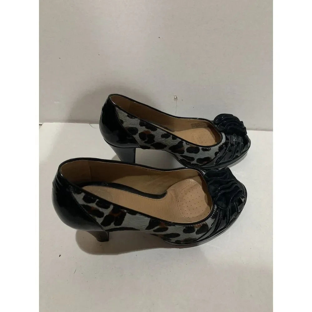 Nurture Womens Rosalind Black Leopard Pony Hair Leather Bow Heels Shoes 6 1/2‎